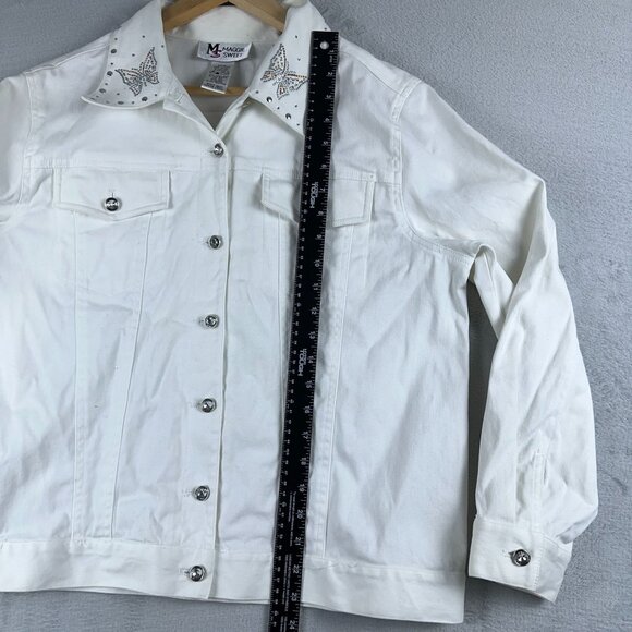 Maggie Sweet Denim Jacket Beaded Butterfly Detail Womens White Size Large Petite - Picture 9 of 12